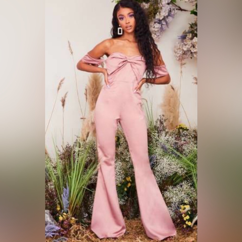 NWT Pretty Little Thing Womens 2 Pink Barbie Off Shoulder Bow Flare Jumpsuit